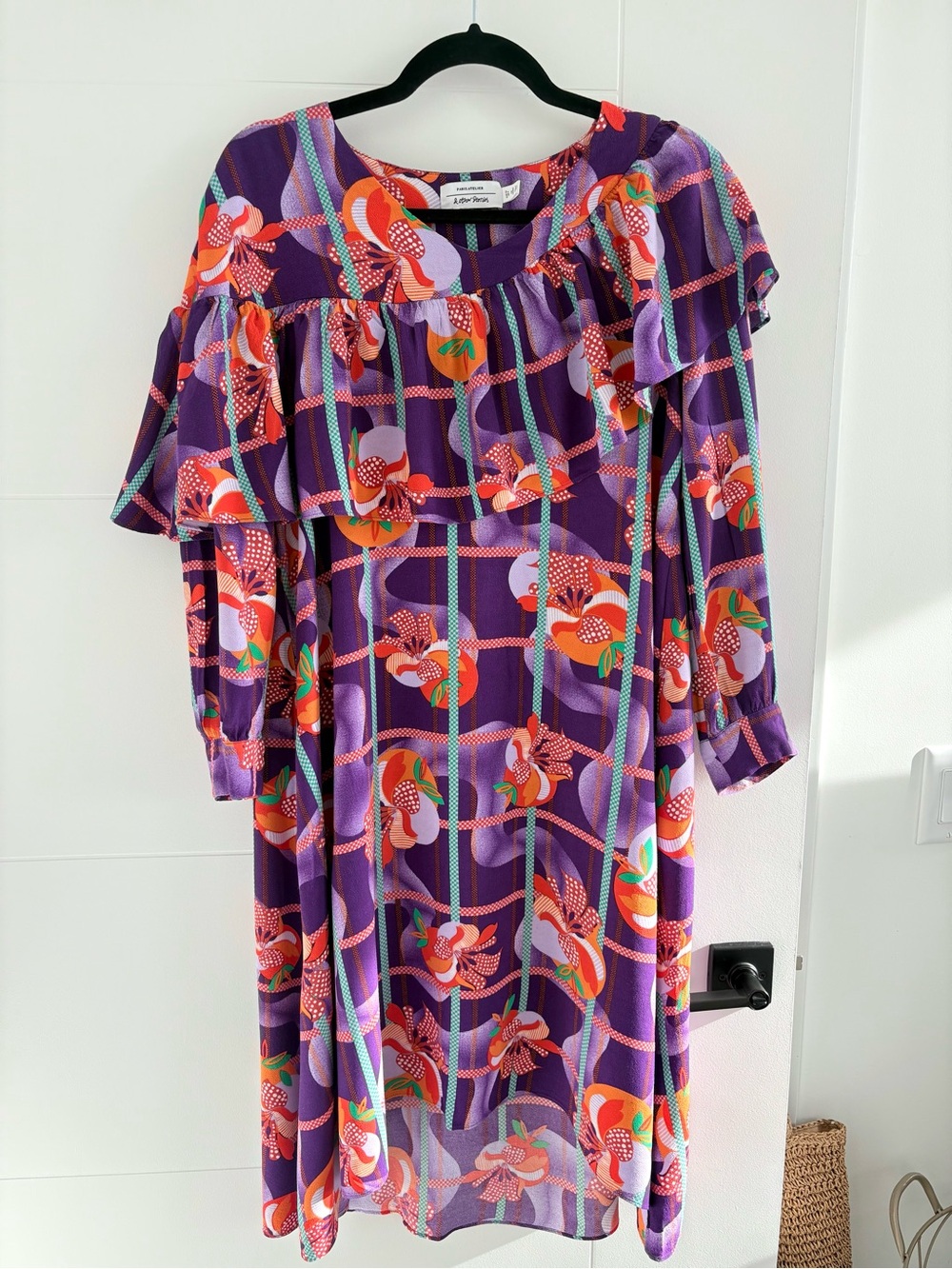 & Other Stories Purple Floral Ruffle Dress with Orange and Pink Accents